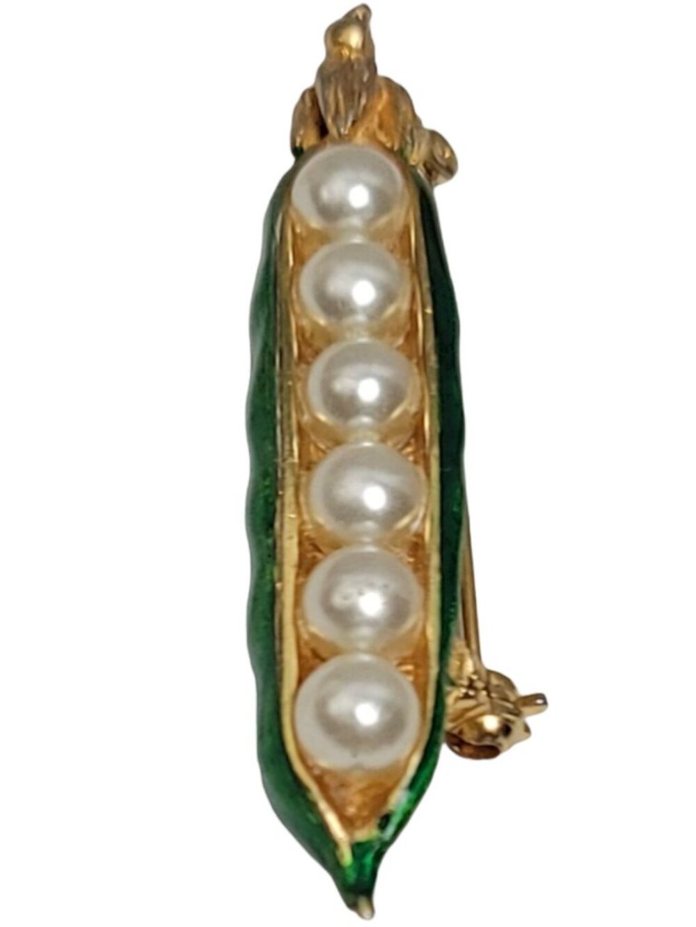 Gold-Tone Green Enamel Peas In Pod Faux Pearl Brooch Pin Unsigned
